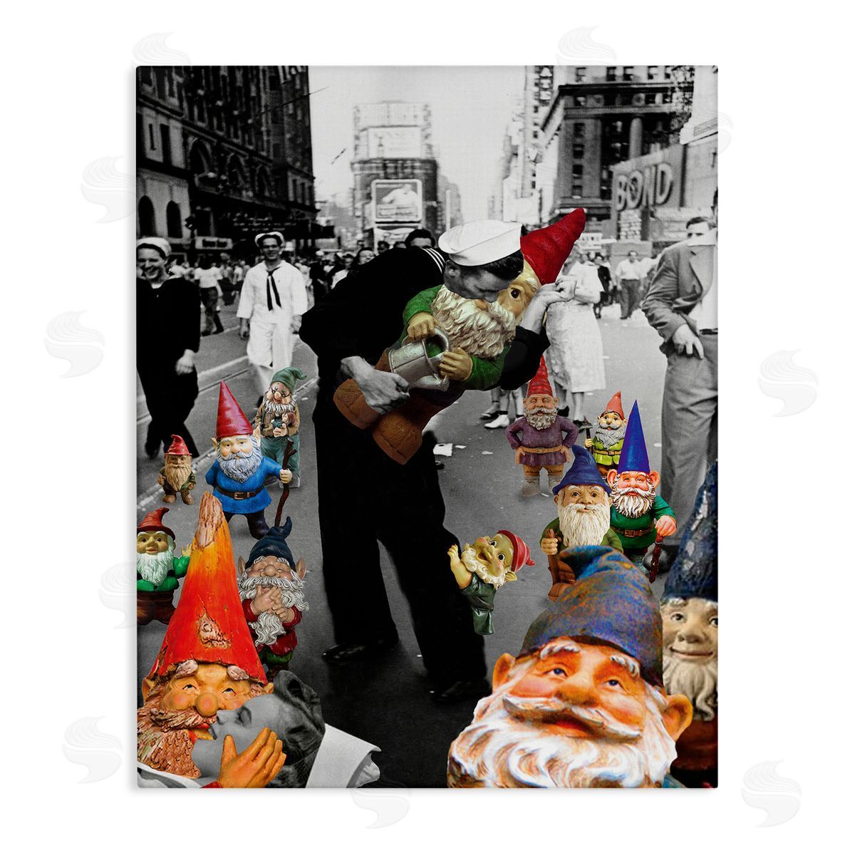 Barry Kite Classic Kissing Sailor Urban Photograph Whimsical Gnomes  Stretched Canvas Wall Art Print