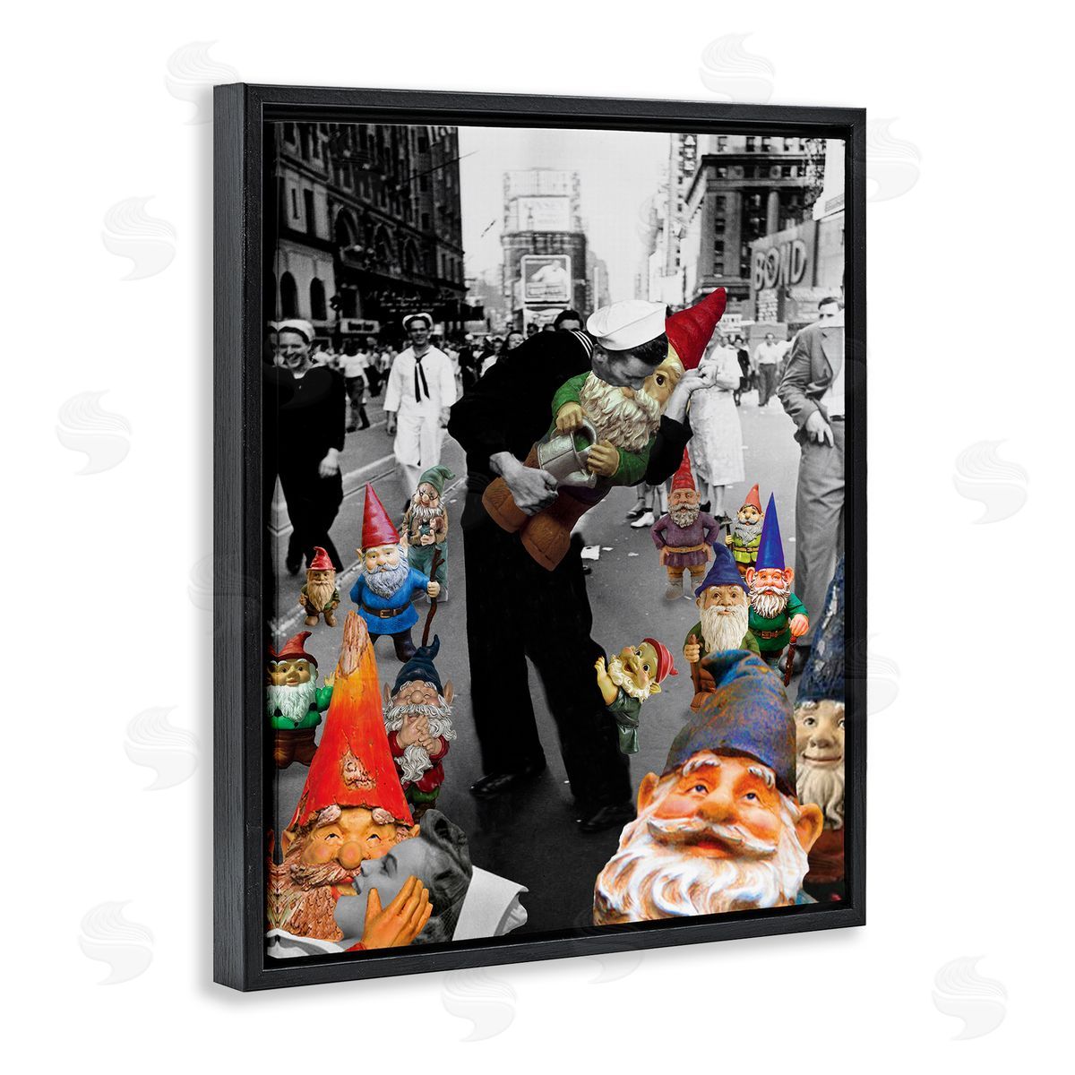 Barry Kite Classic Kissing Sailor Urban Photograph Whimsical Gnomes  Black Floating Frame Canvas Wall Art Print
