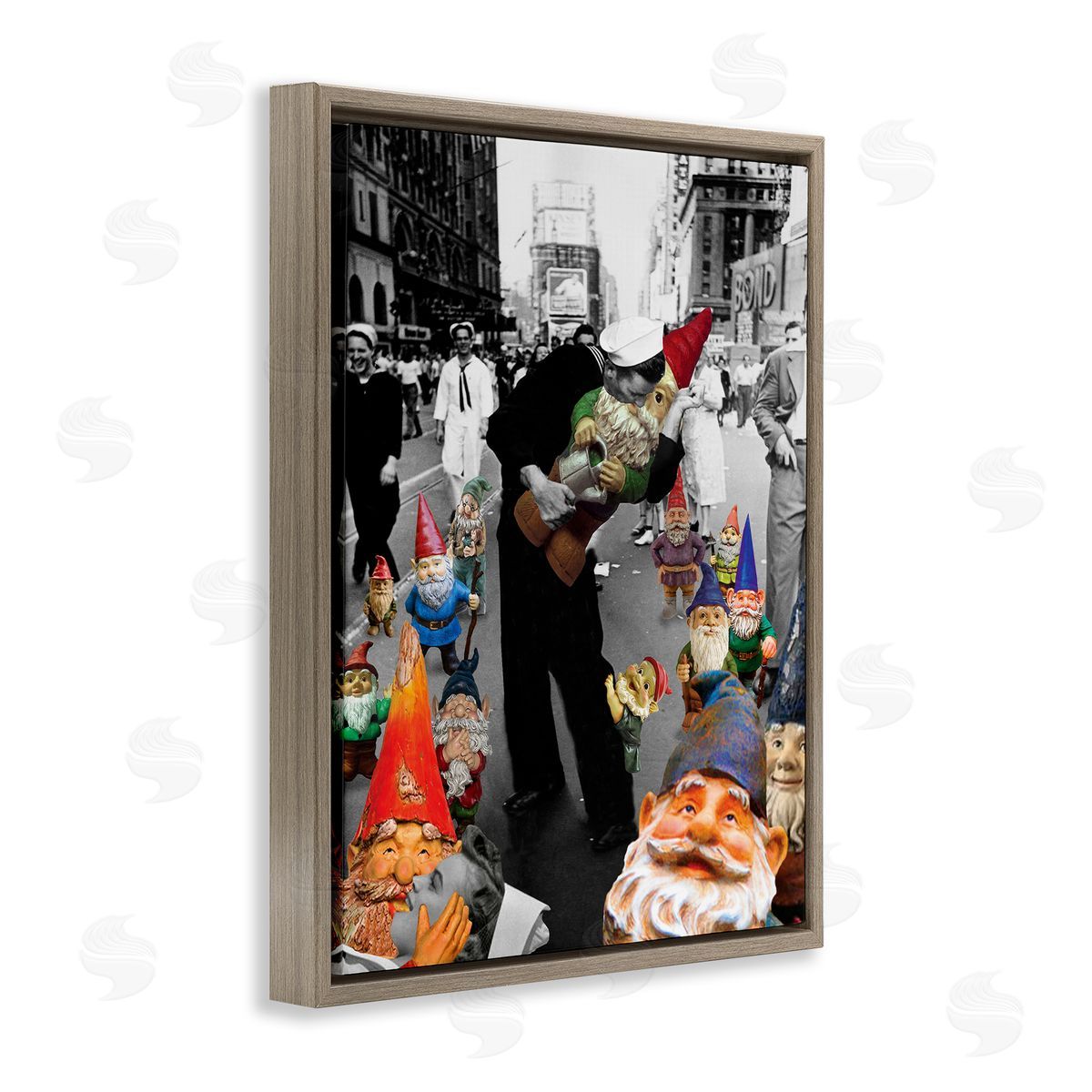 Barry Kite Classic Kissing Sailor Urban Photograph Whimsical Gnomes  Brown Floating Frame Canvas Wall Art Print