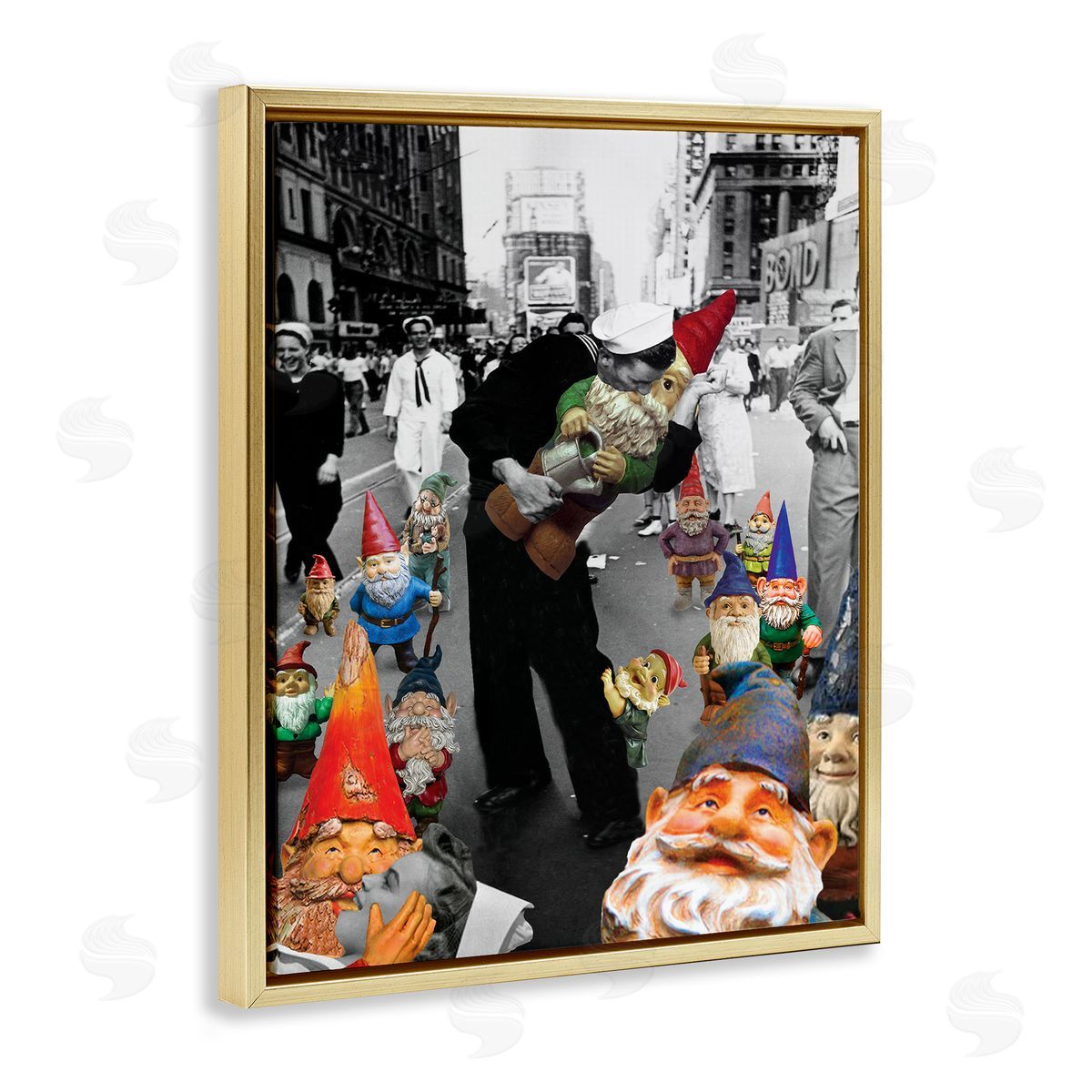 Barry Kite Classic Kissing Sailor Urban Photograph Whimsical Gnomes  Gold Floating Frame Canvas Wall Art Print