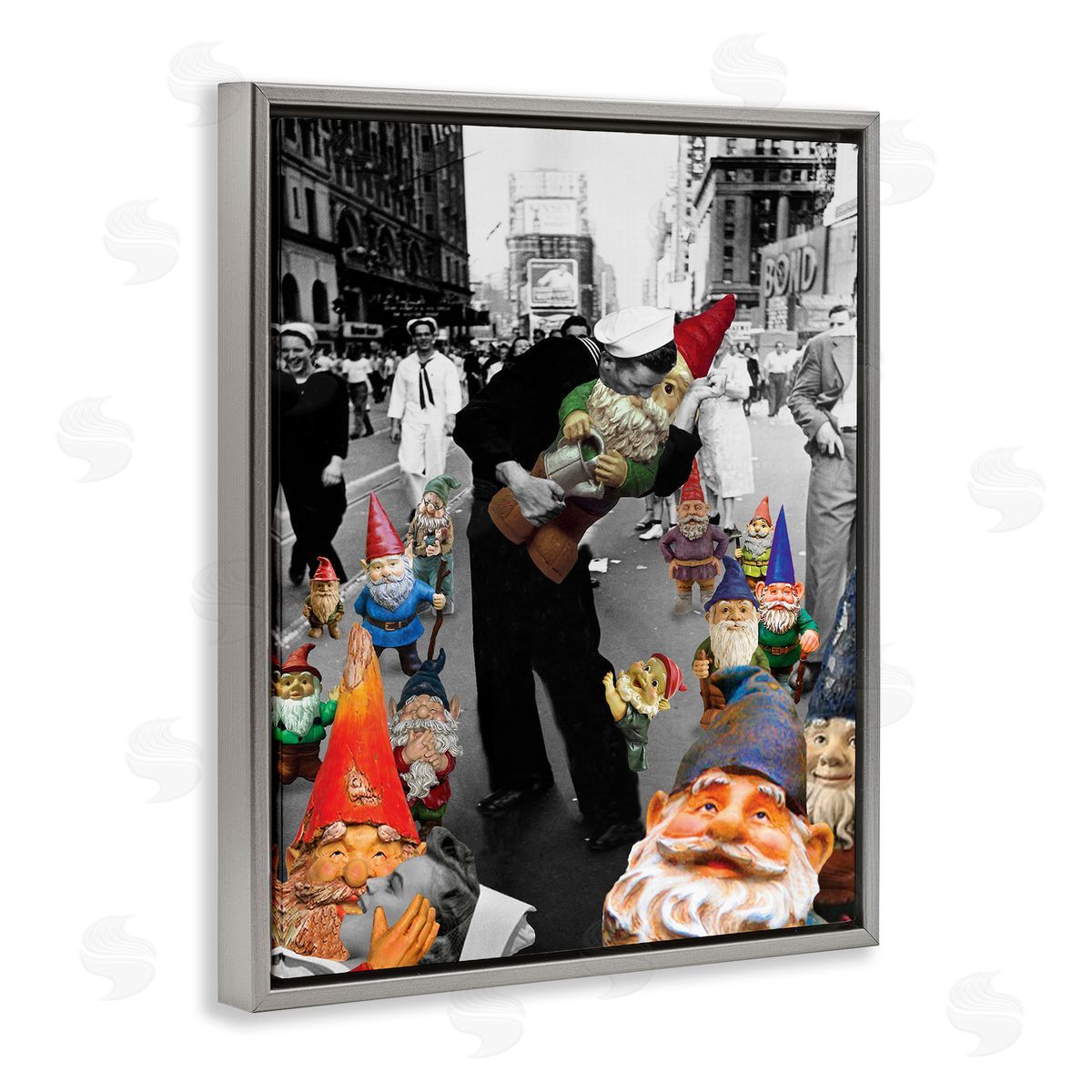 Barry Kite Classic Kissing Sailor Urban Photograph Whimsical Gnomes  Gray Floating Frame Canvas Wall Art Print