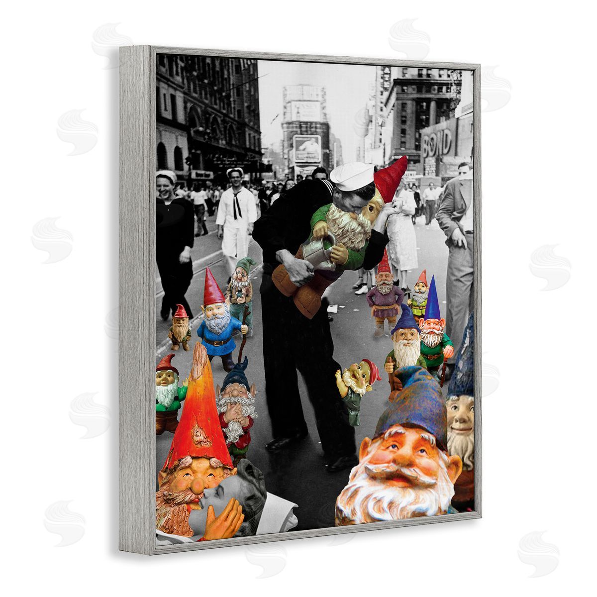 Barry Kite Classic Kissing Sailor Urban Photograph Whimsical Gnomes  Gray Framed Giclee Wall Art Print