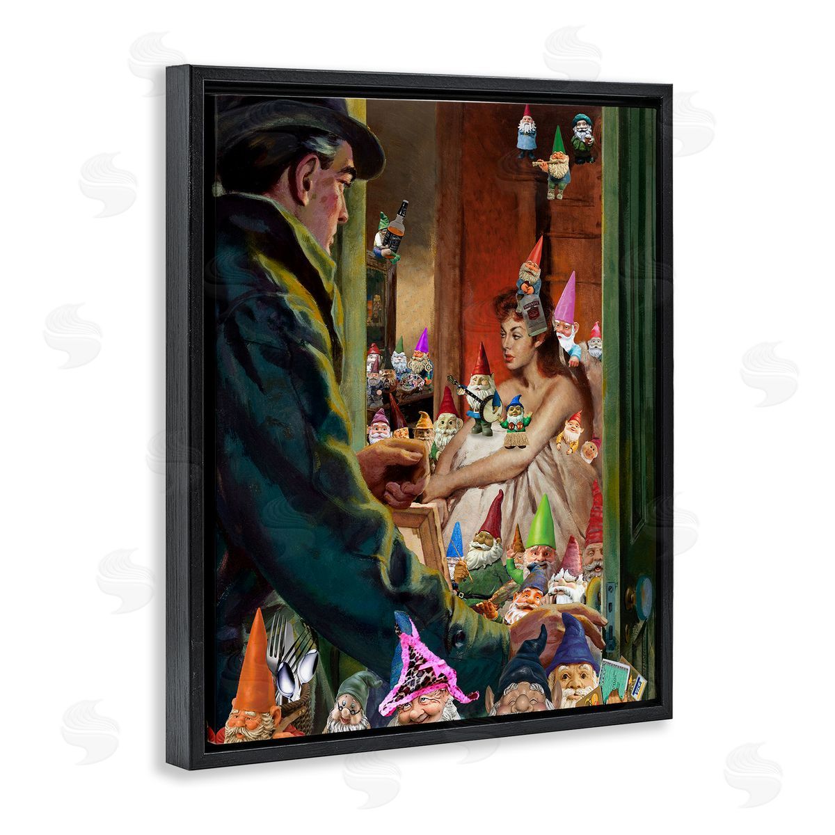 Barry Kite Traditional Painting People Humorous Vivid Garden Gnomes  Black Floating Frame Canvas Wall Art Print