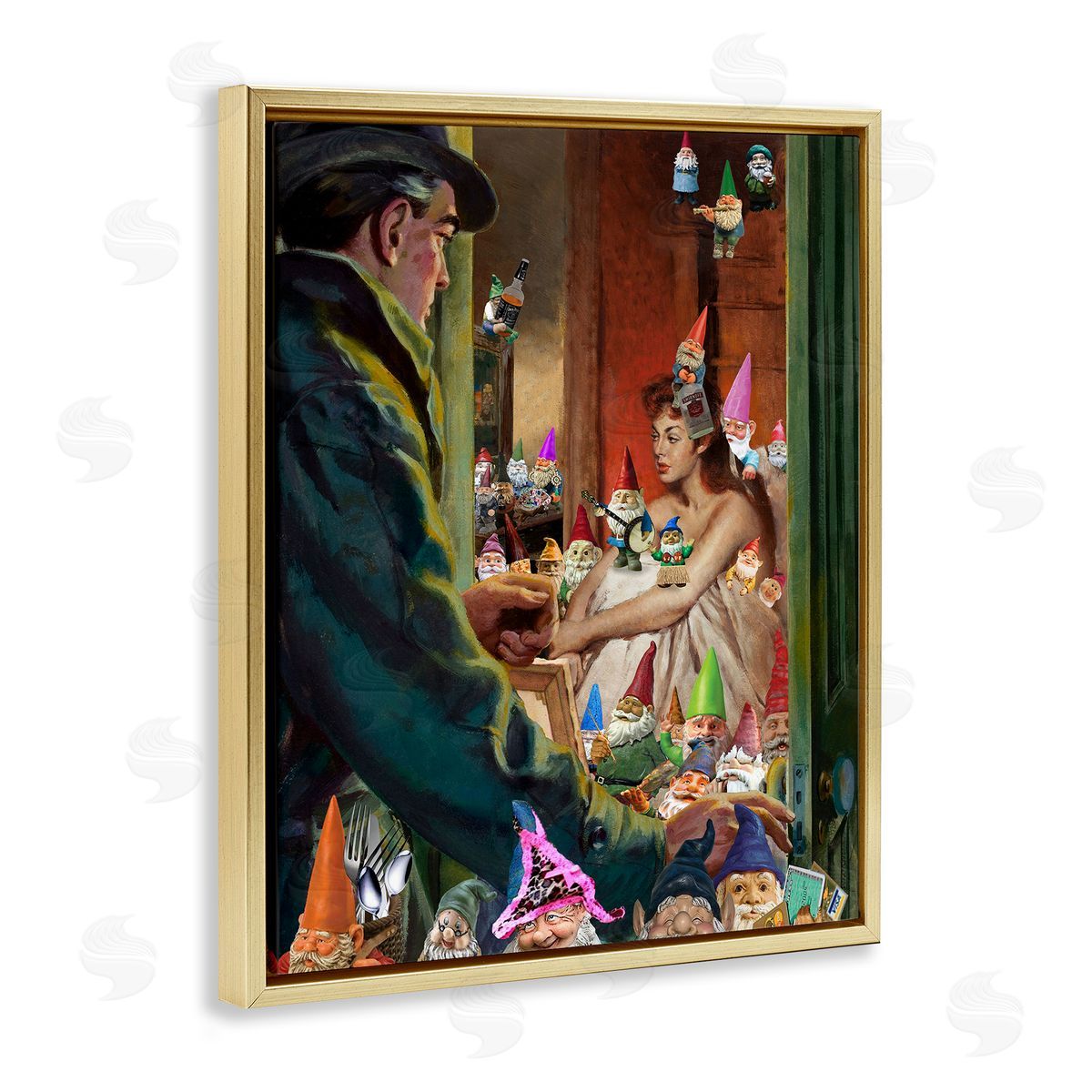 Barry Kite Traditional Painting People Humorous Vivid Garden Gnomes  Gold Floating Frame Canvas Wall Art Print