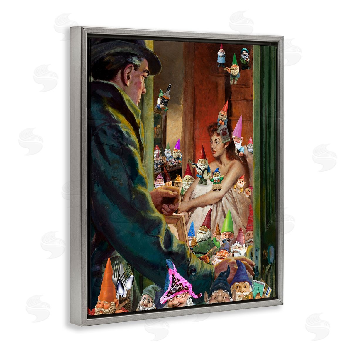 Barry Kite Traditional Painting People Humorous Vivid Garden Gnomes  Gray Floating Frame Canvas Wall Art Print