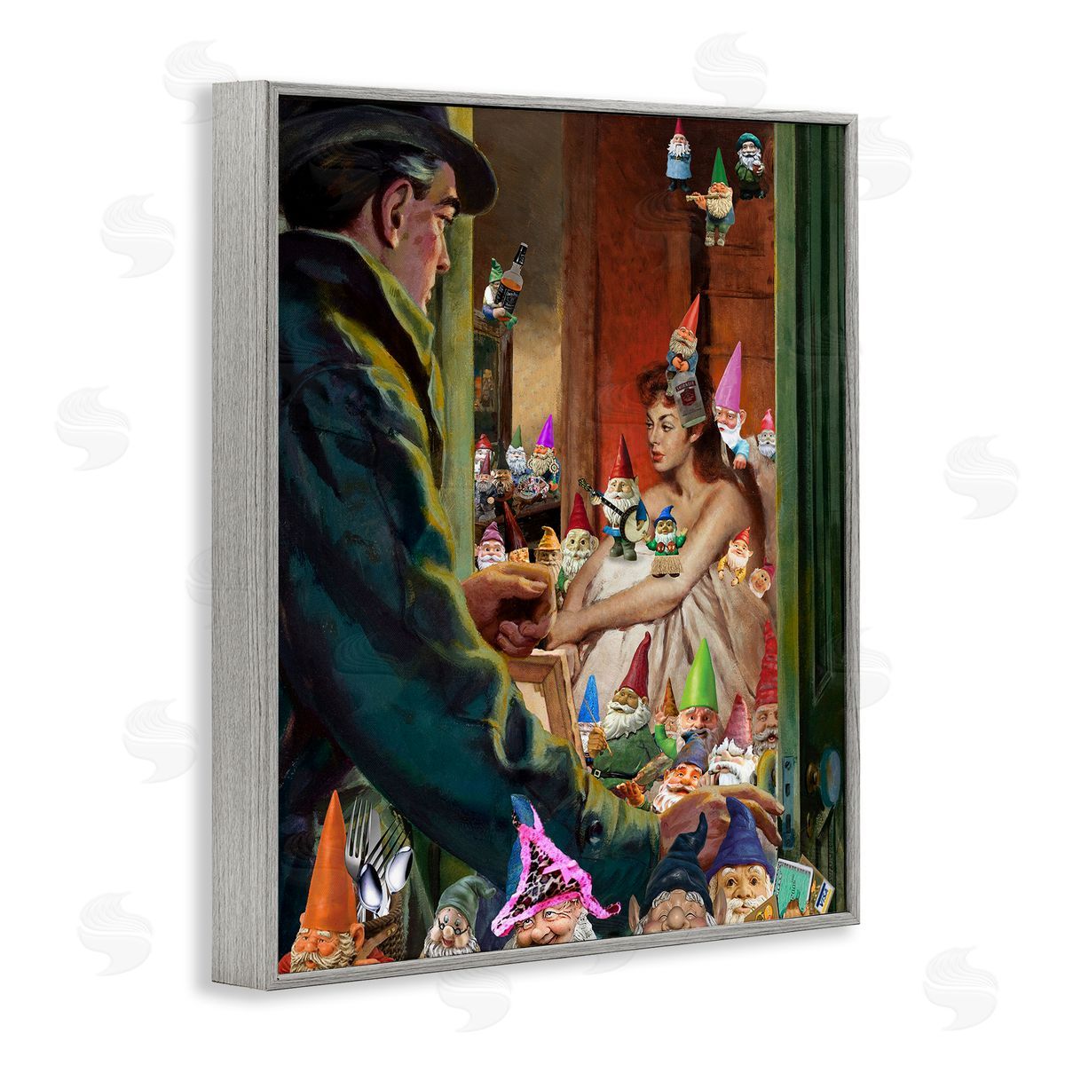 Barry Kite Traditional Painting People Humorous Vivid Garden Gnomes  Gray Framed Giclee Wall Art Print