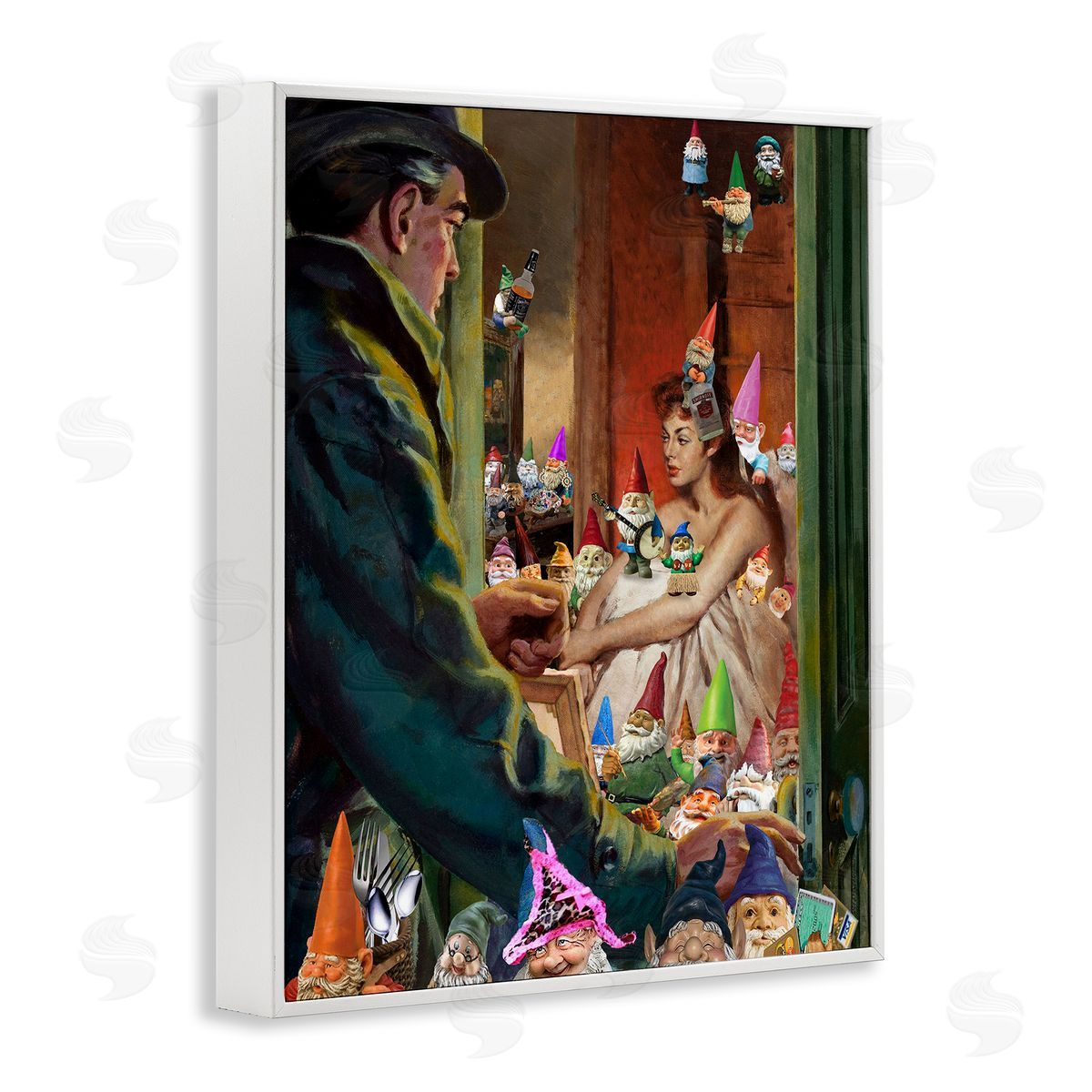 Barry Kite Traditional Painting People Humorous Vivid Garden Gnomes  White Framed Giclee Wall Art Print