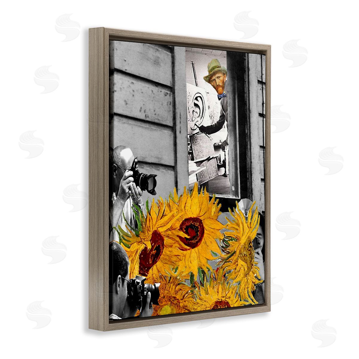 Barry Kite Classic Van Gogh Sunflowers & Paparazzi Painting  Brown Floating Frame Canvas Wall Art Print