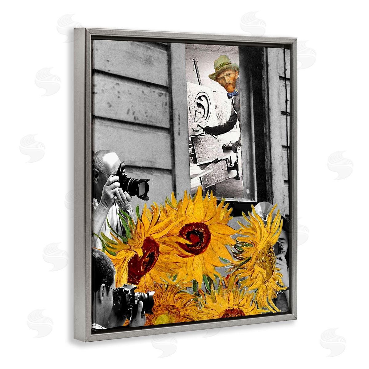 Barry Kite Classic Van Gogh Sunflowers & Paparazzi Painting  Gray Floating Frame Canvas Wall Art Print