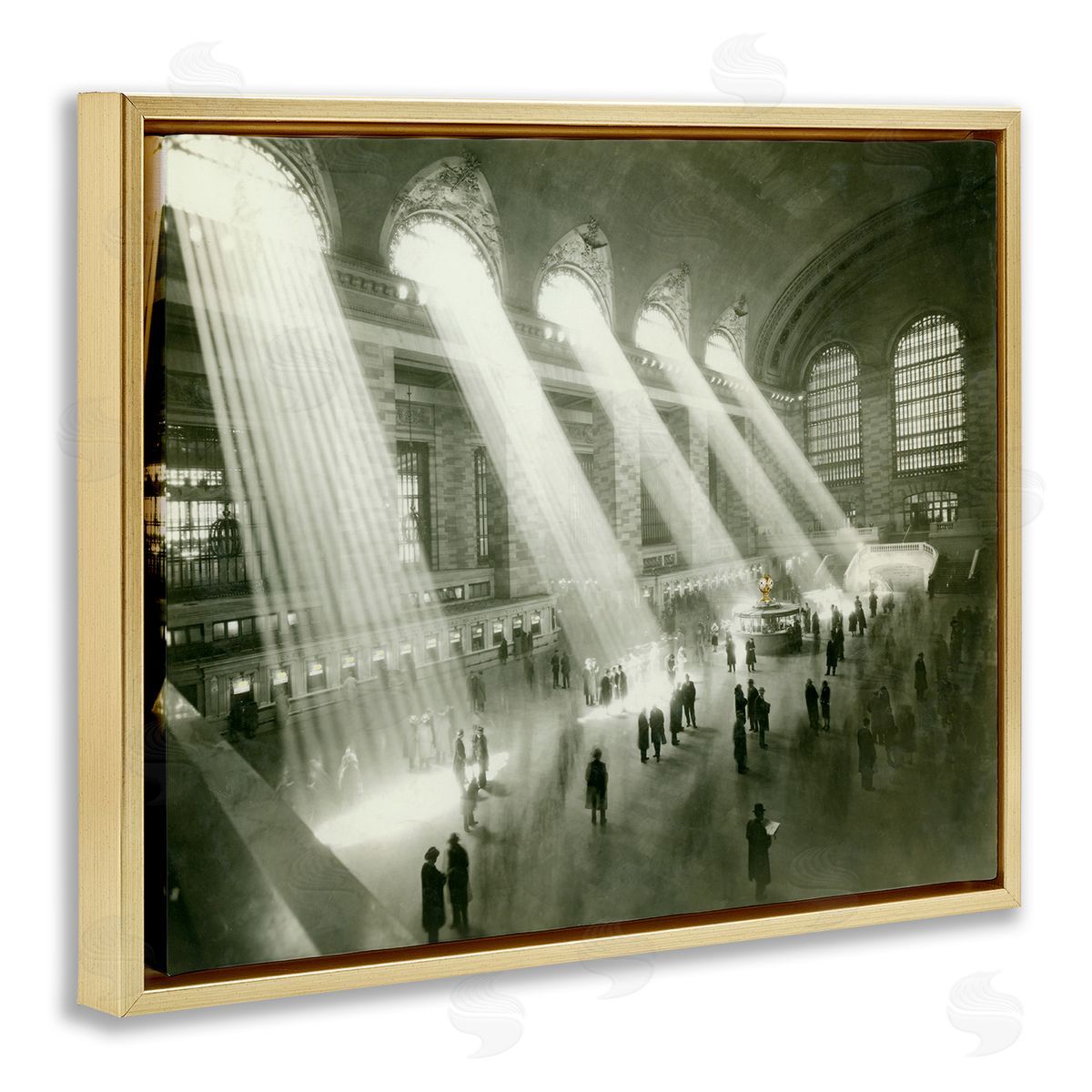 Jadei Graphics Vintage Black & White Photograph Arched Windows Sunlight Gold Floating Frame Canvas Wall Art Print