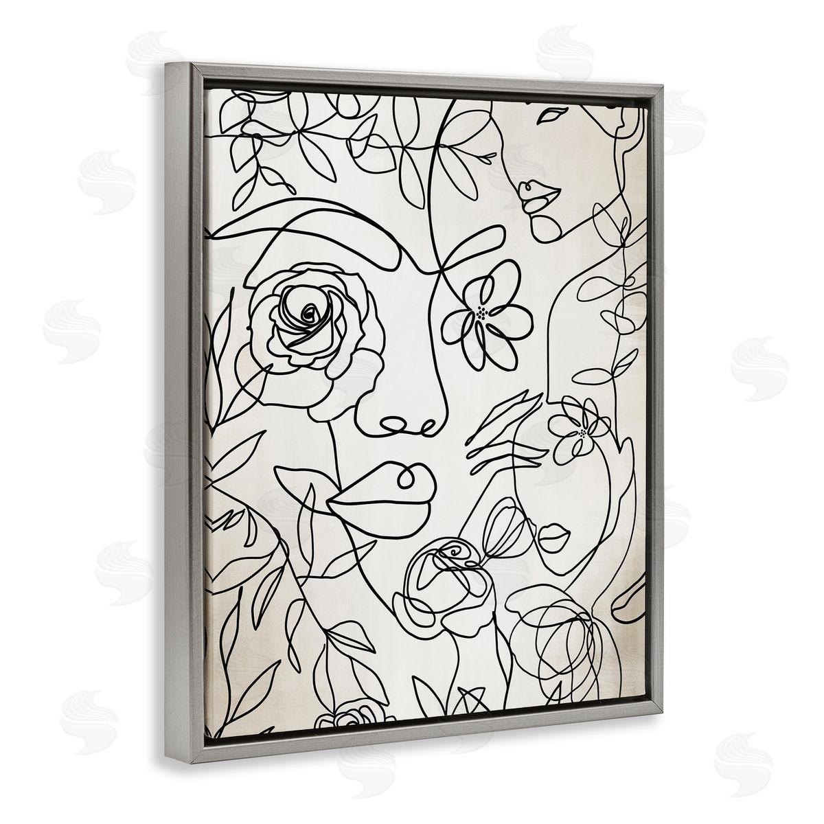 Ros Ruseva Minimal Line Drawing Floral Blossoms Botanical People Faces  Gray Floating Frame Canvas Wall Art Print
