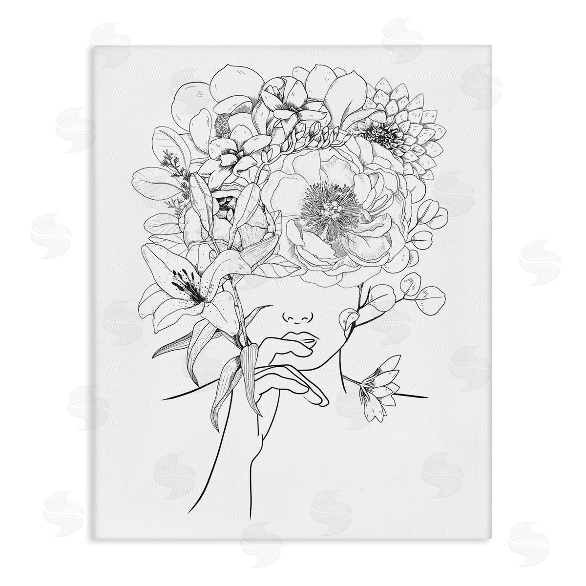 Ros Ruseva Line Drawing Botanical Floral Bouquet Over Person Face Stretched Canvas Wall Art Print