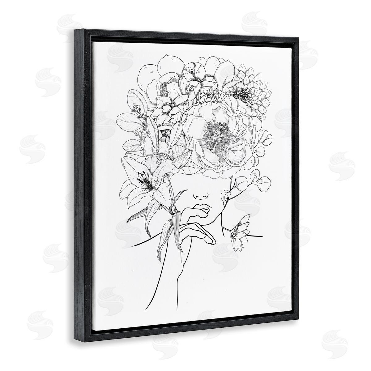 Ros Ruseva Line Drawing Botanical Floral Bouquet Over Person Face Black Floating Frame Canvas Wall Art Print