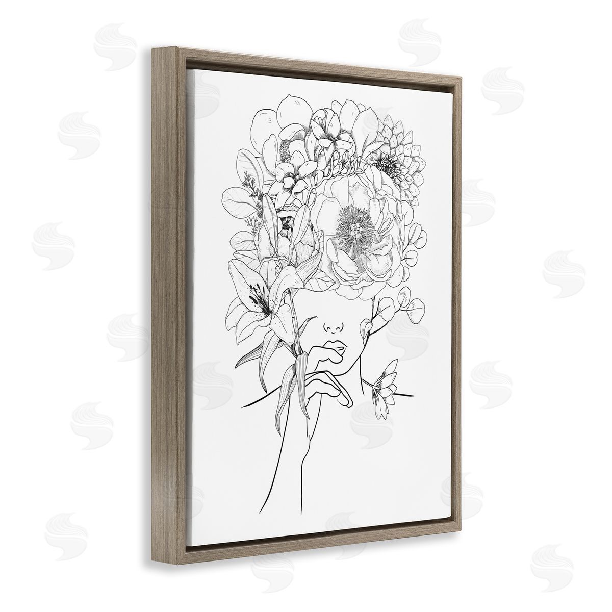 Ros Ruseva Line Drawing Botanical Floral Bouquet Over Person Face Brown Floating Frame Canvas Wall Art Print