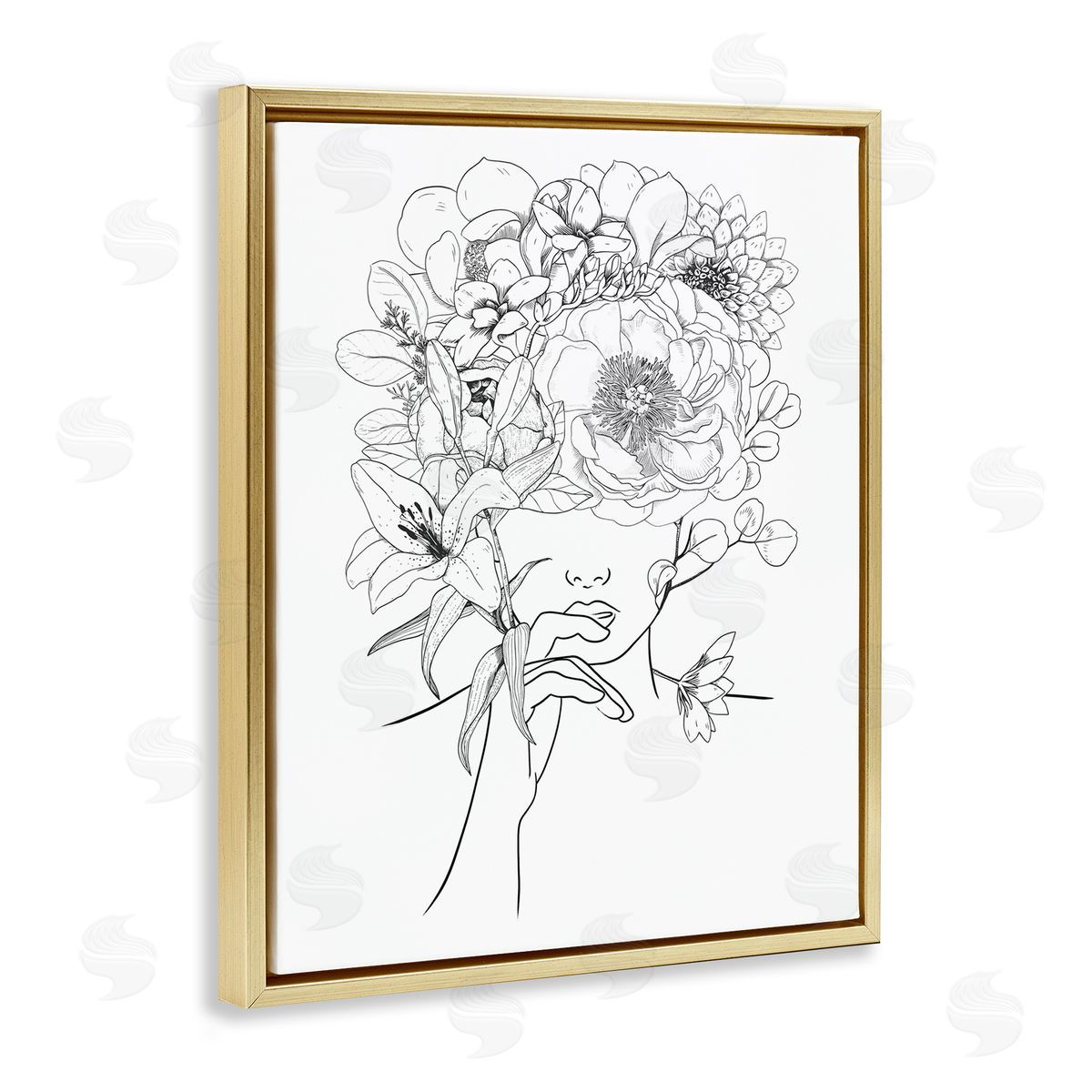 Ros Ruseva Line Drawing Botanical Floral Bouquet Over Person Face Gold Floating Frame Canvas Wall Art Print