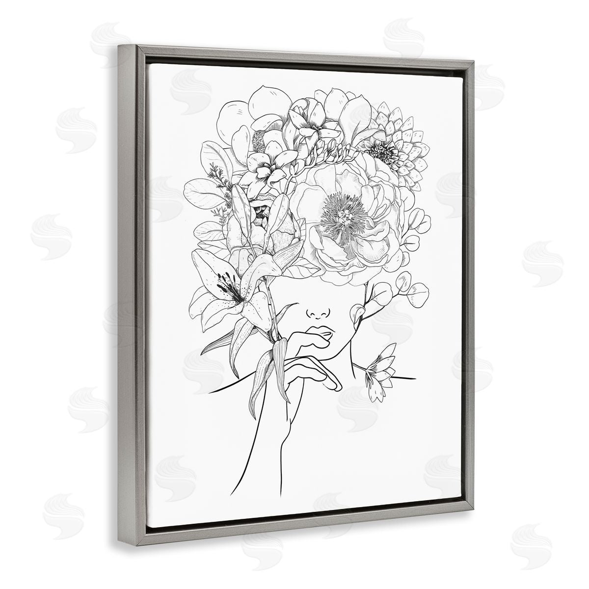 Ros Ruseva Line Drawing Botanical Floral Bouquet Over Person Face Gray Floating Frame Canvas Wall Art Print