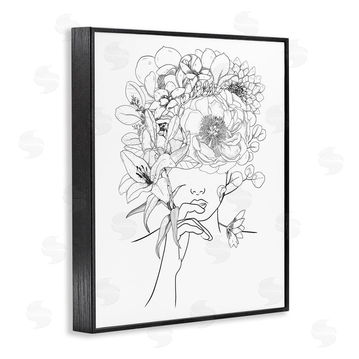 Ros Ruseva Line Drawing Botanical Floral Bouquet Over Person Face Black Framed Giclee Wall Art Print