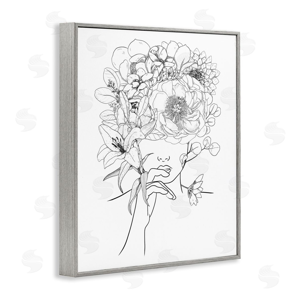 Ros Ruseva Line Drawing Botanical Floral Bouquet Over Person Face Gray Framed Giclee Wall Art Print