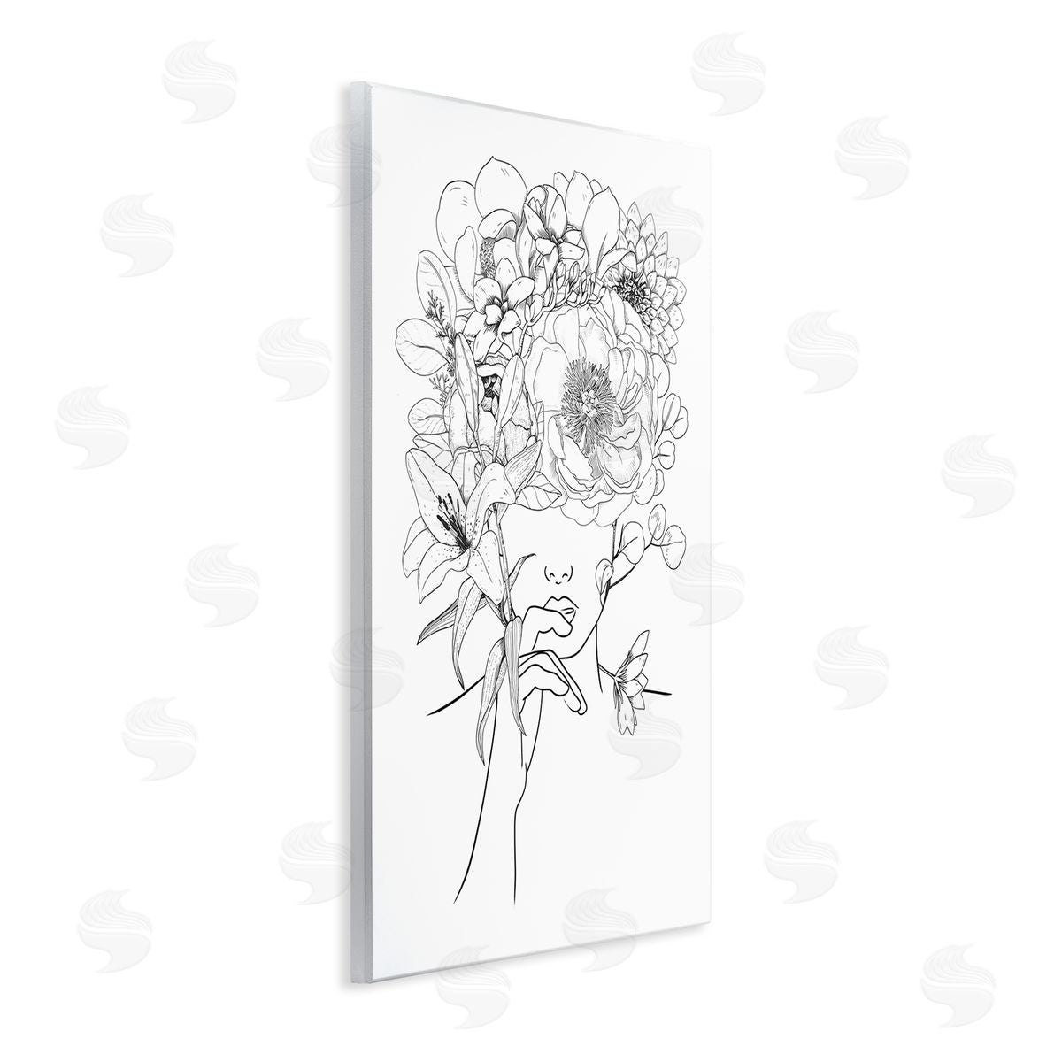 Ros Ruseva Line Drawing Botanical Floral Bouquet Over Person Face Wall Plaque Art Print