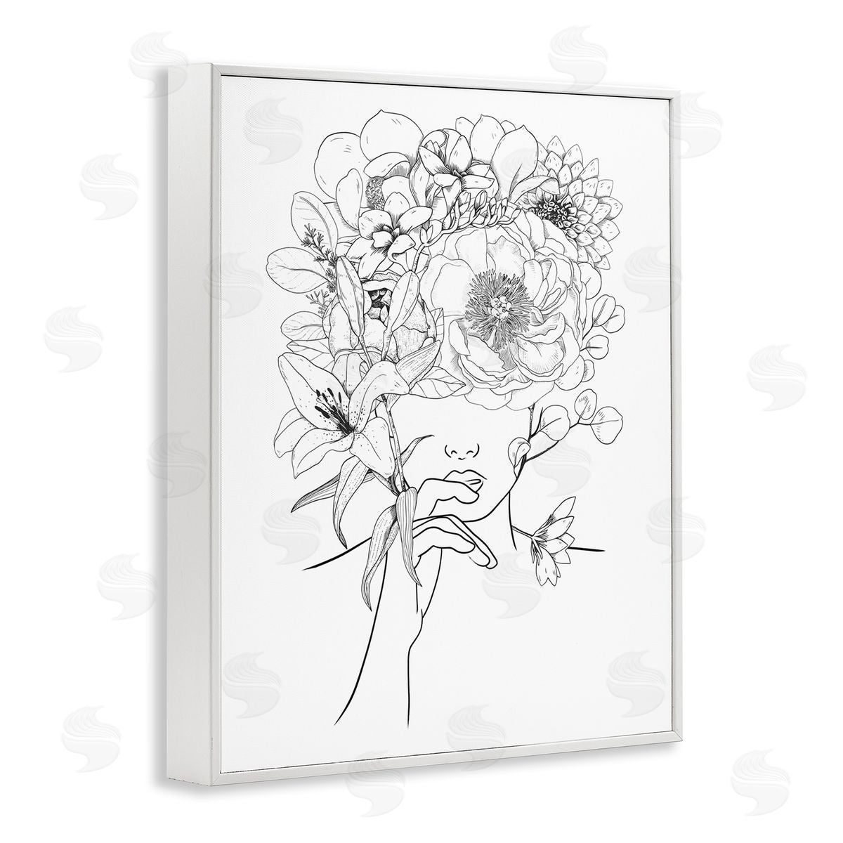 Ros Ruseva Line Drawing Botanical Floral Bouquet Over Person Face White Framed Giclee Wall Art Print