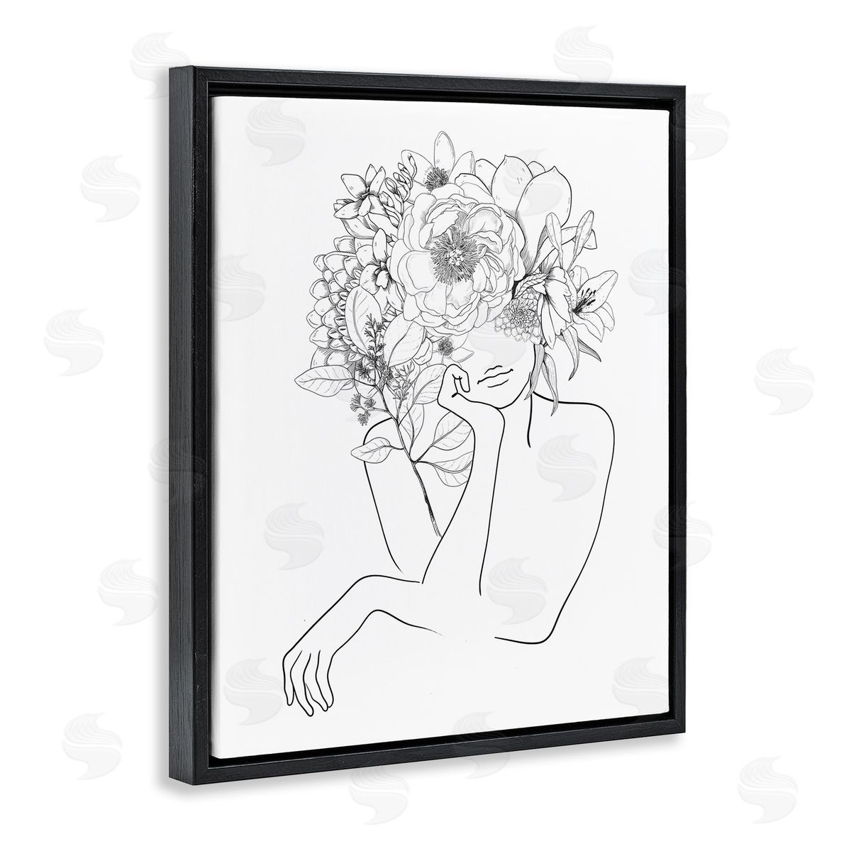 Ros Ruseva Person Resting Head Hand Flower Blossom Arrangement  Black Floating Frame Canvas Wall Art Print