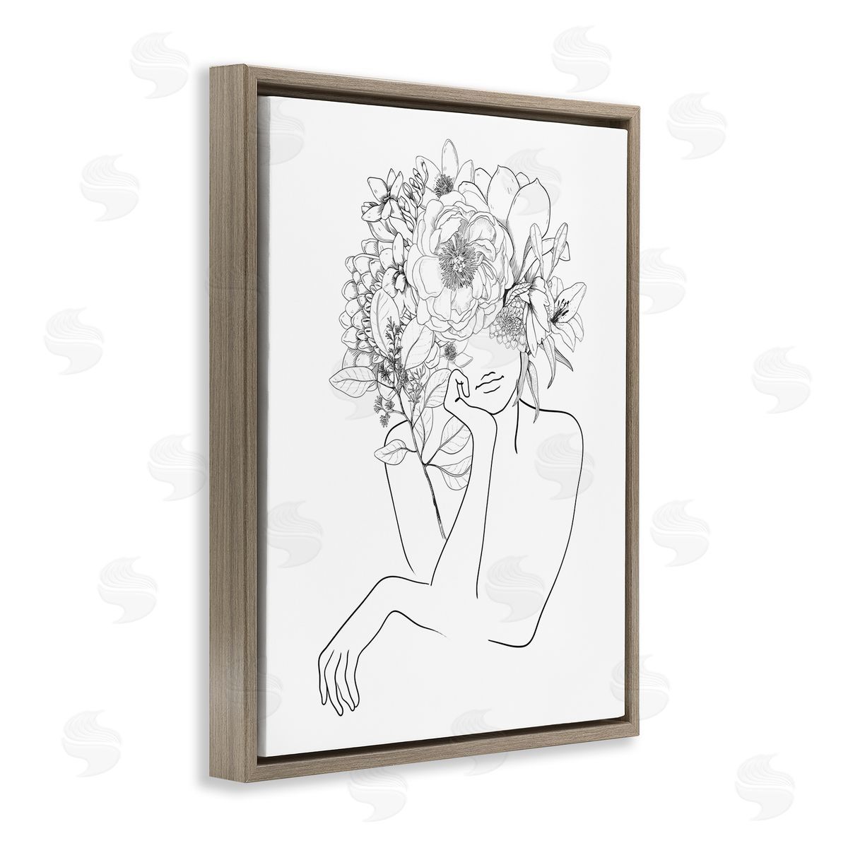 Ros Ruseva Person Resting Head Hand Flower Blossom Arrangement  Brown Floating Frame Canvas Wall Art Print