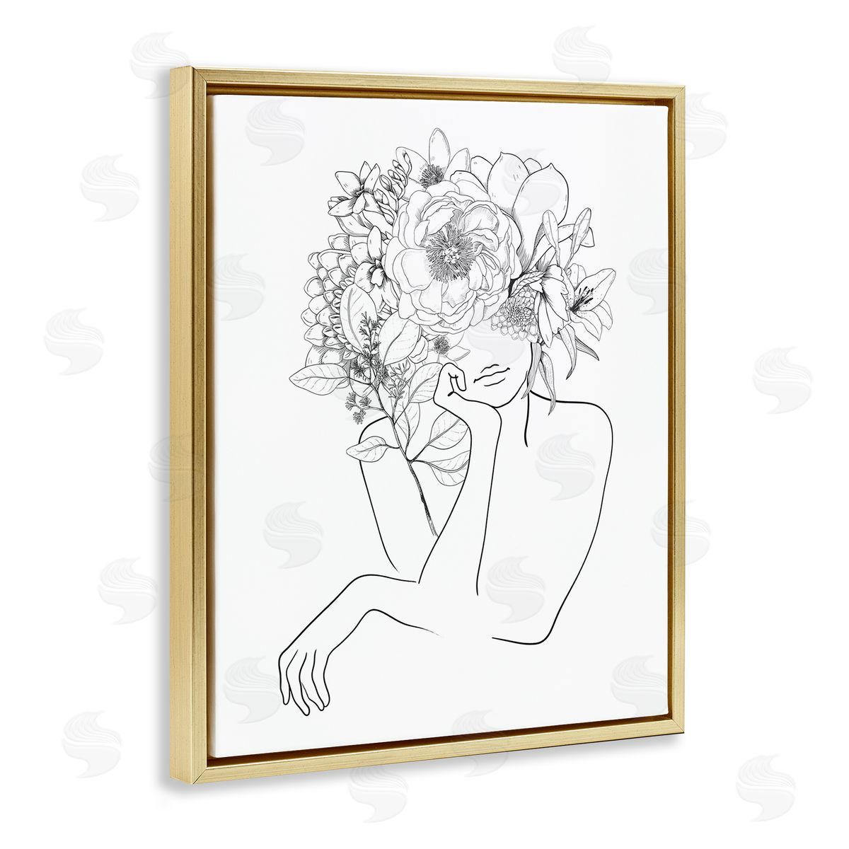Ros Ruseva Person Resting Head Hand Flower Blossom Arrangement  Gold Floating Frame Canvas Wall Art Print