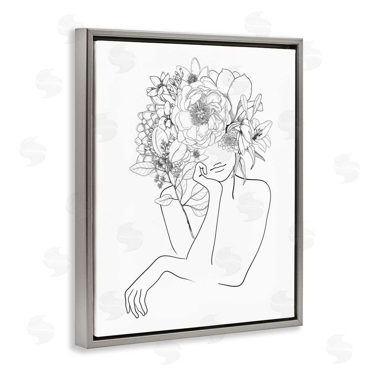 Ros Ruseva Person Resting Head Hand Flower Blossom Arrangement  Gray Floating Frame Canvas Wall Art Print