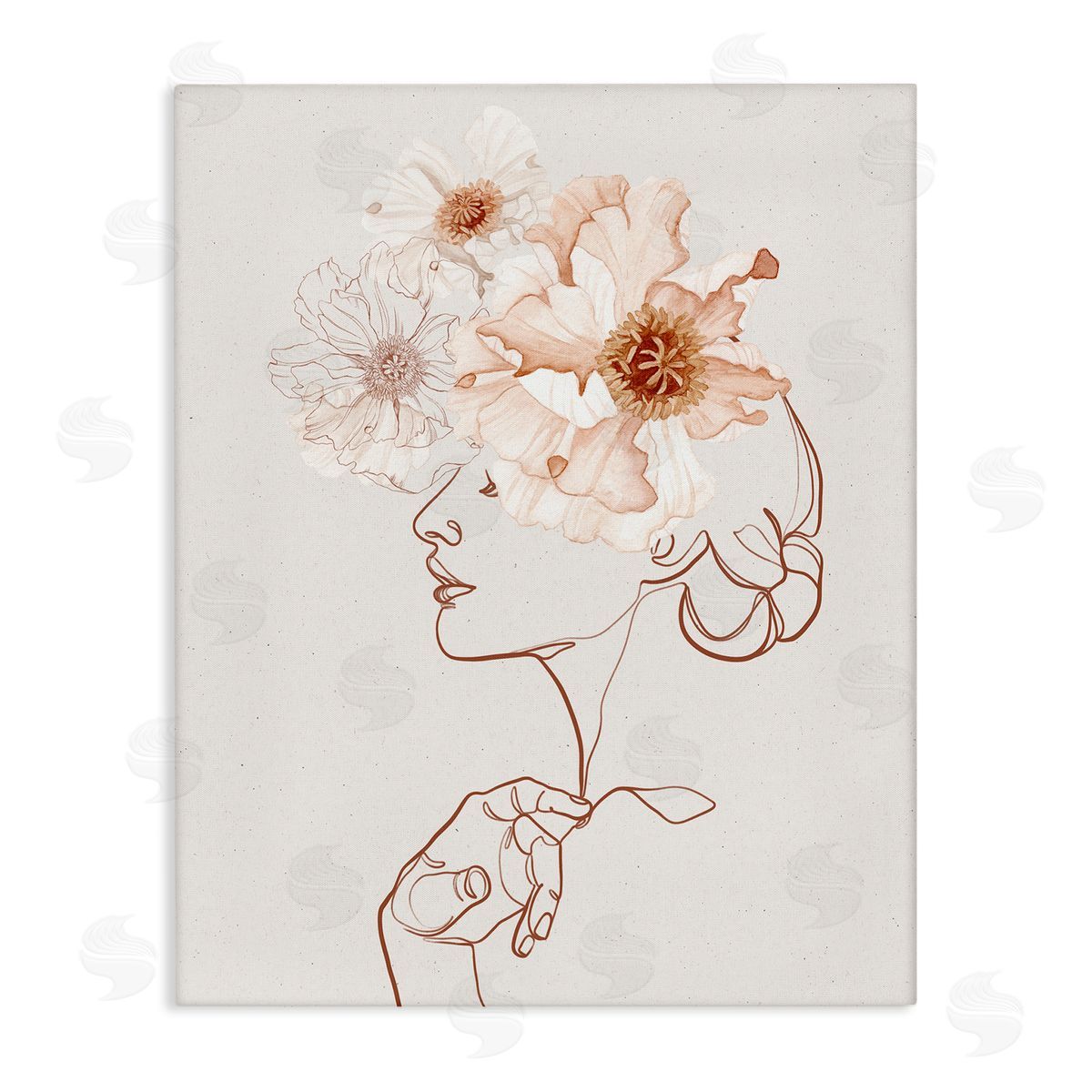 Ros Ruseva Delicate Pink Flower Blossoms Woman Line Drawing  Stretched Canvas Wall Art Print
