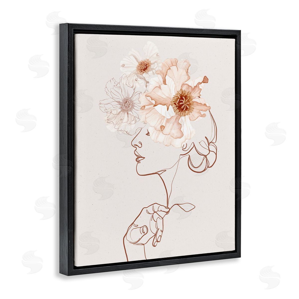 Ros Ruseva Delicate Pink Flower Blossoms Woman Line Drawing  Black Floating Frame Canvas Wall Art Print
