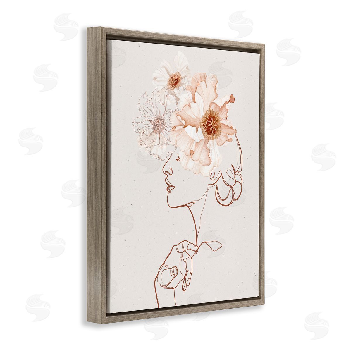Ros Ruseva Delicate Pink Flower Blossoms Woman Line Drawing  Brown Floating Frame Canvas Wall Art Print
