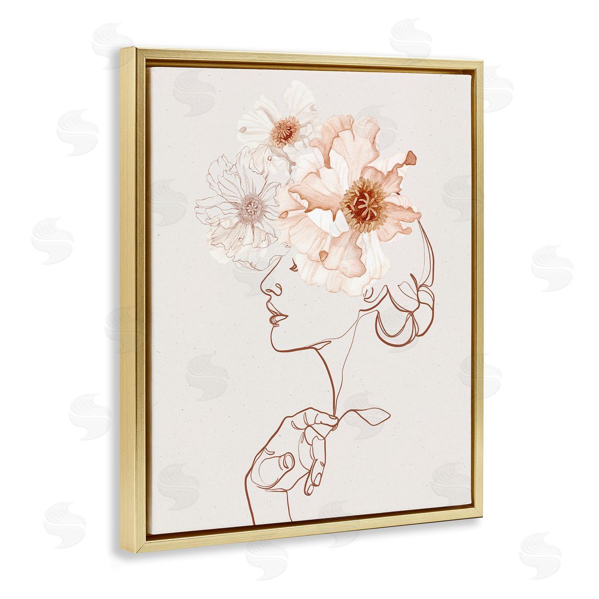 Ros Ruseva Delicate Pink Flower Blossoms Woman Line Drawing  Gold Floating Frame Canvas Wall Art Print