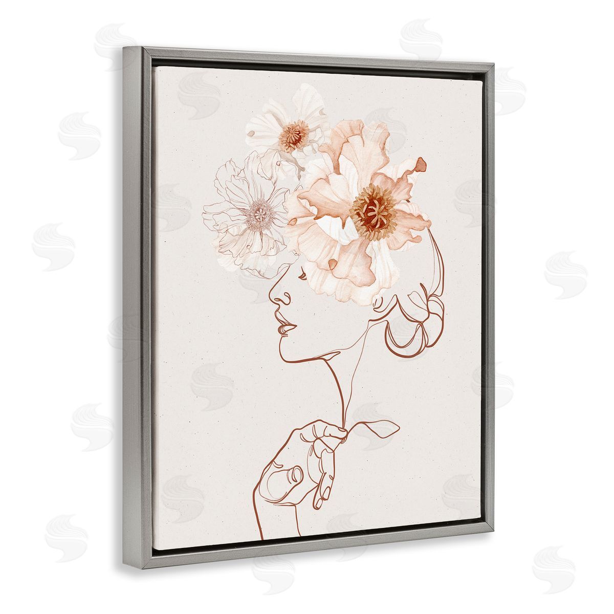 Ros Ruseva Delicate Pink Flower Blossoms Woman Line Drawing  Gray Floating Frame Canvas Wall Art Print