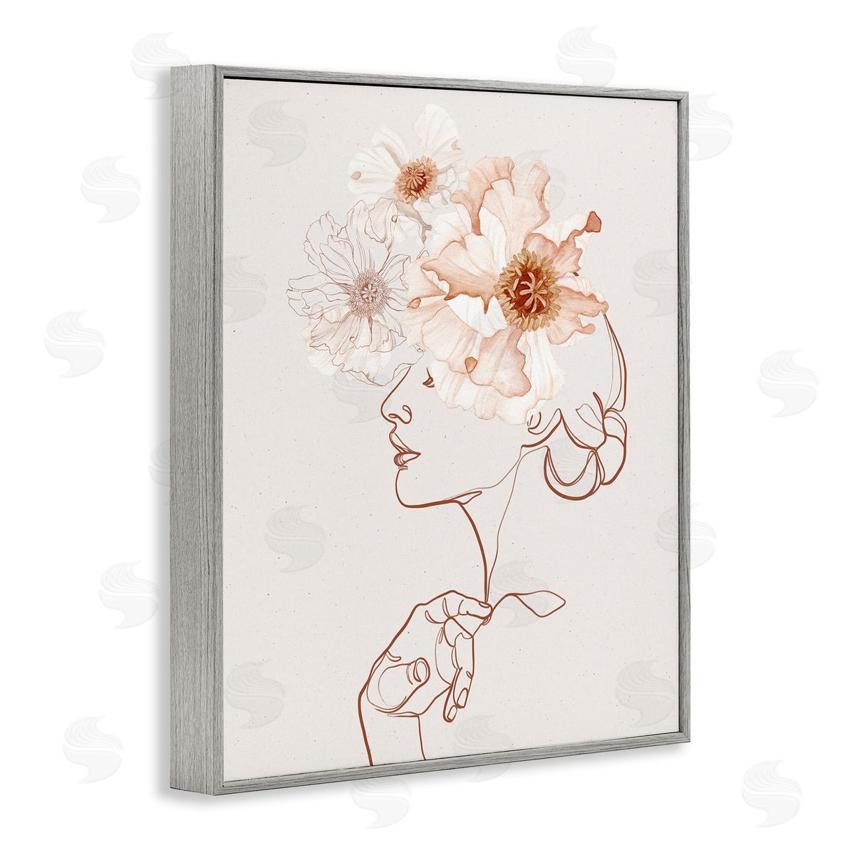 Ros Ruseva Delicate Pink Flower Blossoms Woman Line Drawing  Gray Framed Giclee Wall Art Print