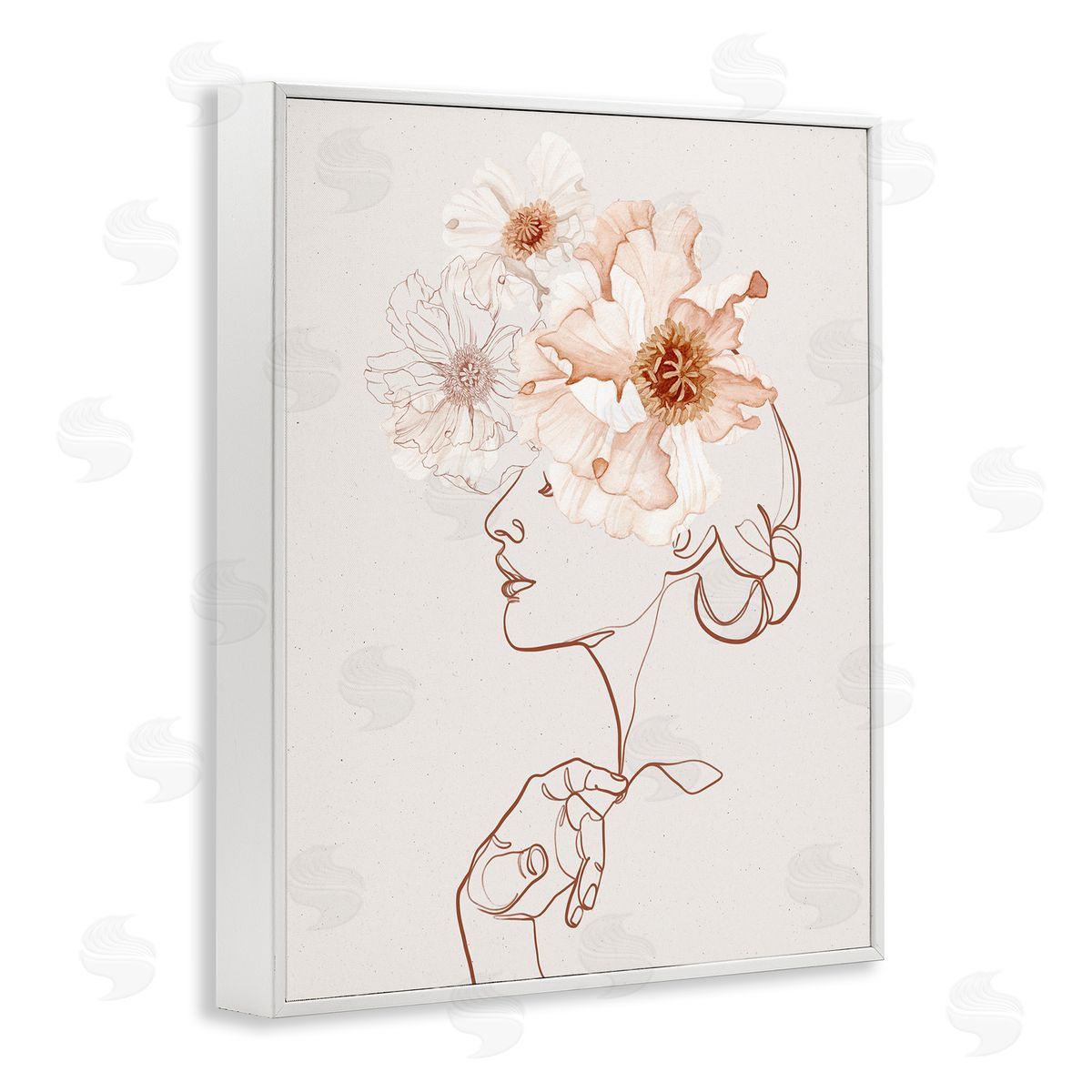 Ros Ruseva Delicate Pink Flower Blossoms Woman Line Drawing  White Framed Giclee Wall Art Print