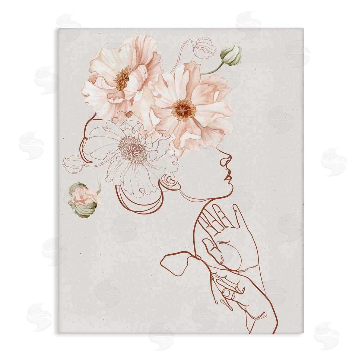 Ros Ruseva Blooming Pink Flowers Woman Minimal Outline Stretched Canvas Wall Art Print