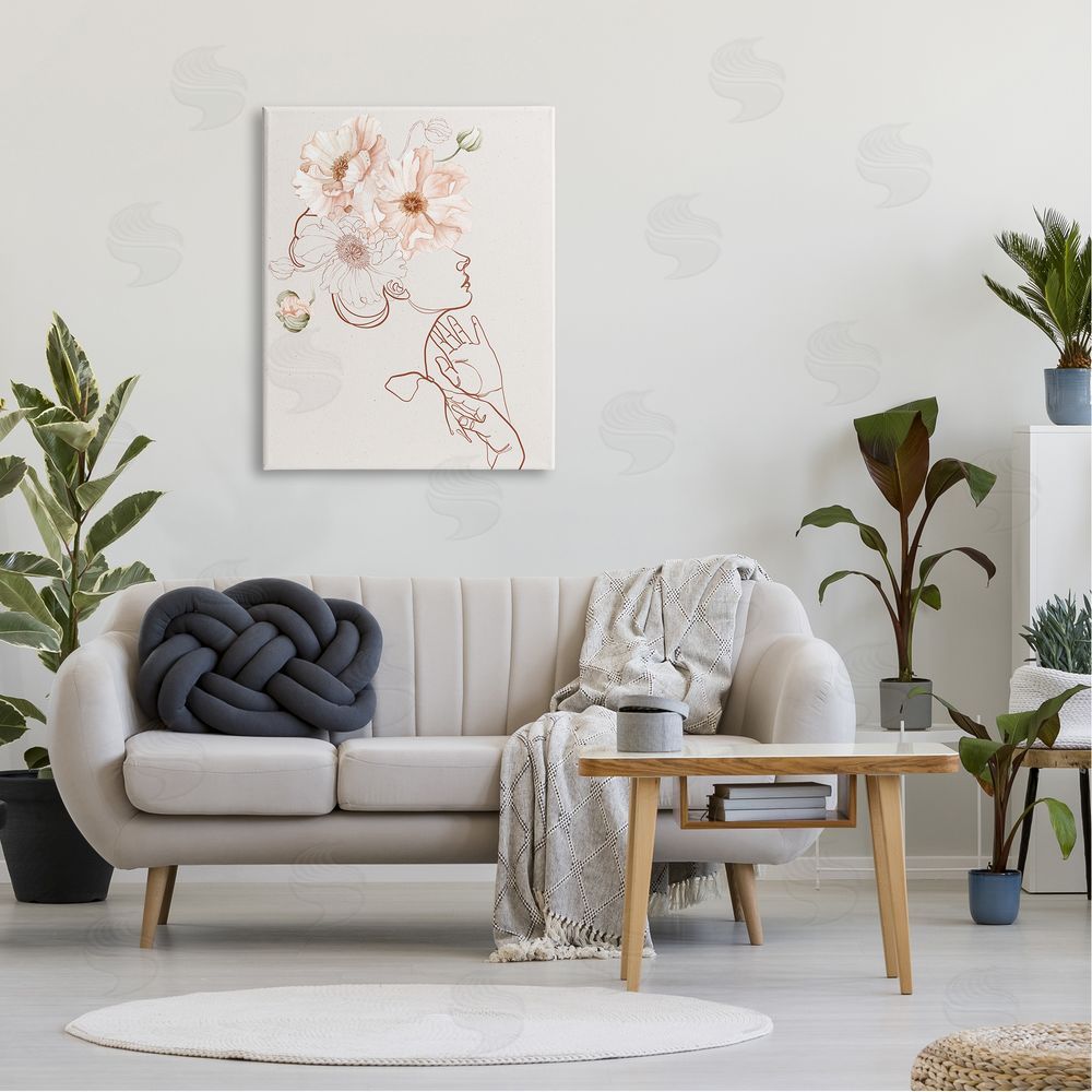 Ros Ruseva Blooming Pink Flowers Woman Minimal Outline Canvas Wall Art Print in Room