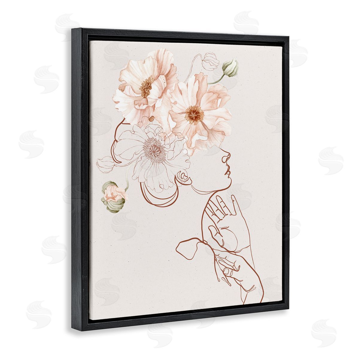 Ros Ruseva Blooming Pink Flowers Woman Minimal Outline Black Floating Frame Canvas Wall Art Print