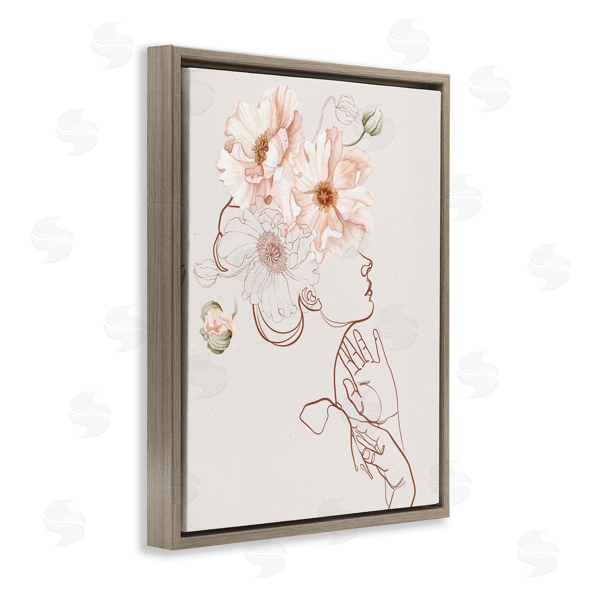 Ros Ruseva Blooming Pink Flowers Woman Minimal Outline Brown Floating Frame Canvas Wall Art Print