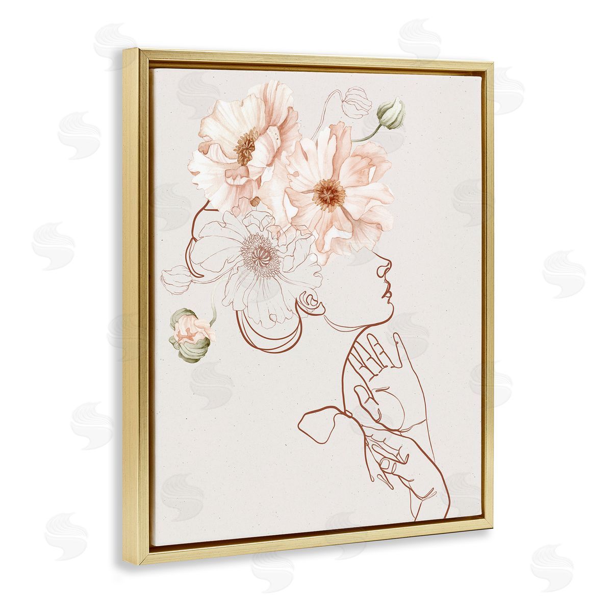 Ros Ruseva Blooming Pink Flowers Woman Minimal Outline Gold Floating Frame Canvas Wall Art Print