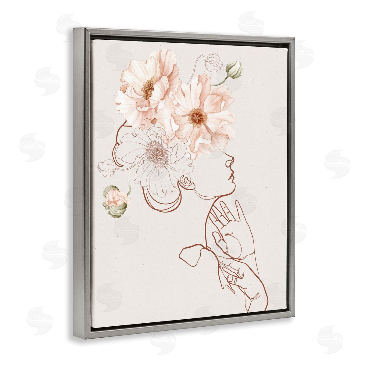 Ros Ruseva Blooming Pink Flowers Woman Minimal Outline Gray Floating Frame Canvas Wall Art Print