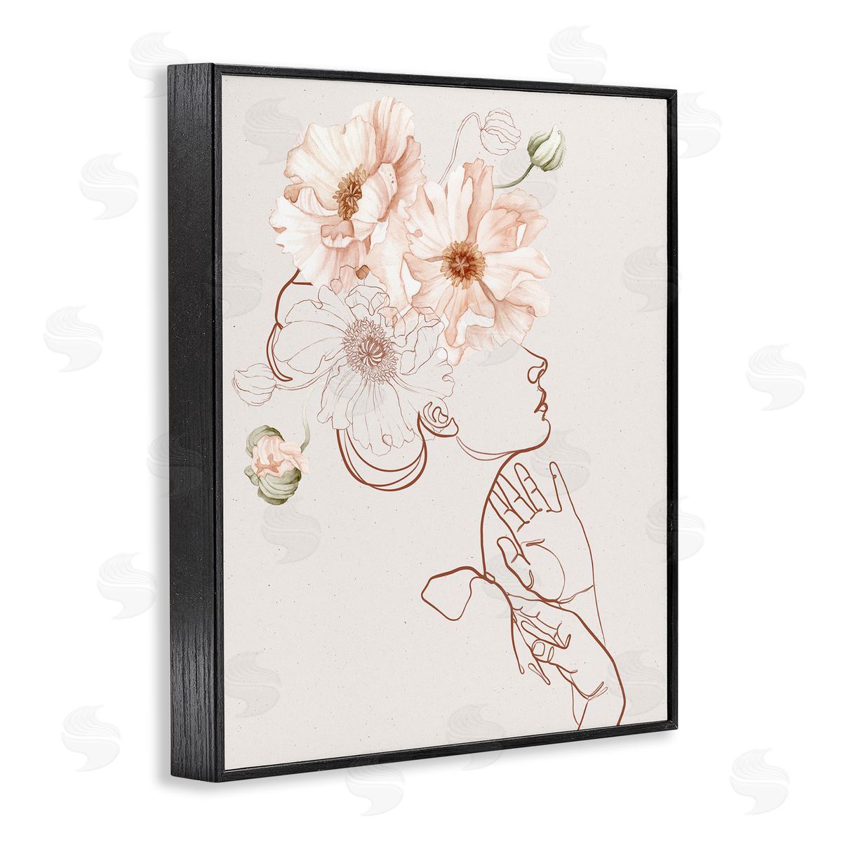 Ros Ruseva Blooming Pink Flowers Woman Minimal Outline Black Framed Giclee Wall Art Print