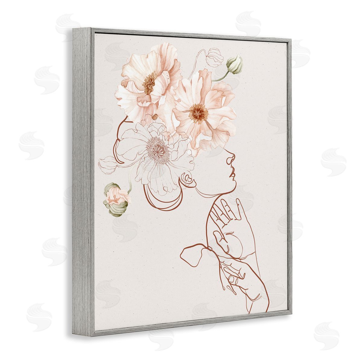 Ros Ruseva Blooming Pink Flowers Woman Minimal Outline Gray Framed Giclee Wall Art Print