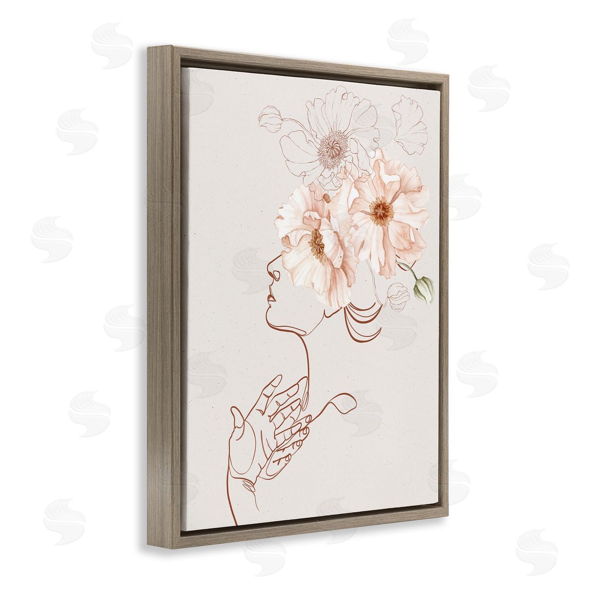 Ros Ruseva Simple Pink Botanical Pattern Bouquet Person Outline  Brown Floating Frame Canvas Wall Art Print
