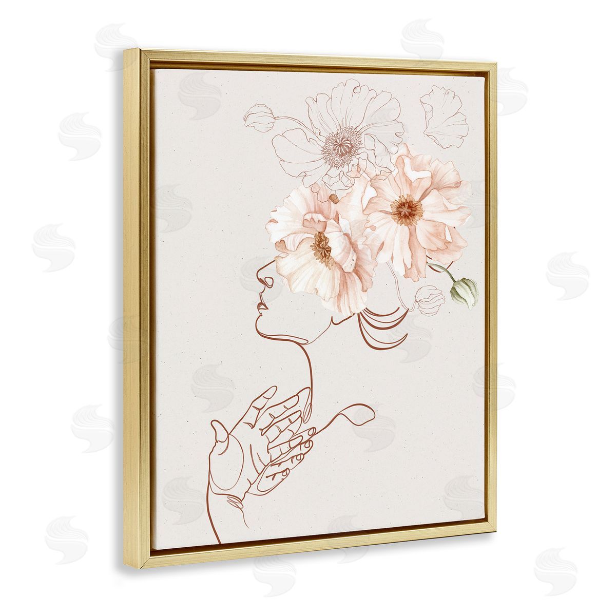 Ros Ruseva Simple Pink Botanical Pattern Bouquet Person Outline  Gold Floating Frame Canvas Wall Art Print