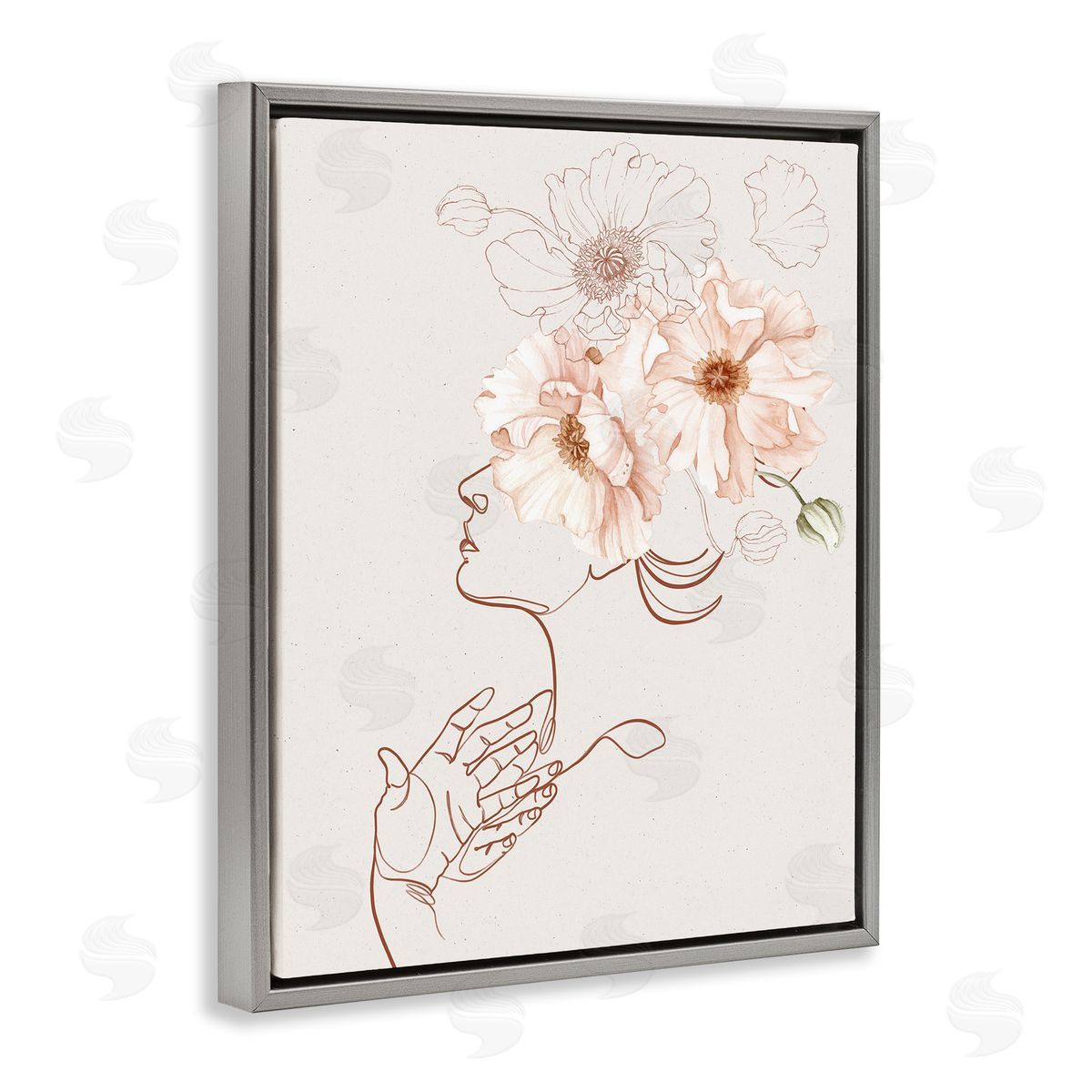 Ros Ruseva Simple Pink Botanical Pattern Bouquet Person Outline  Gray Floating Frame Canvas Wall Art Print