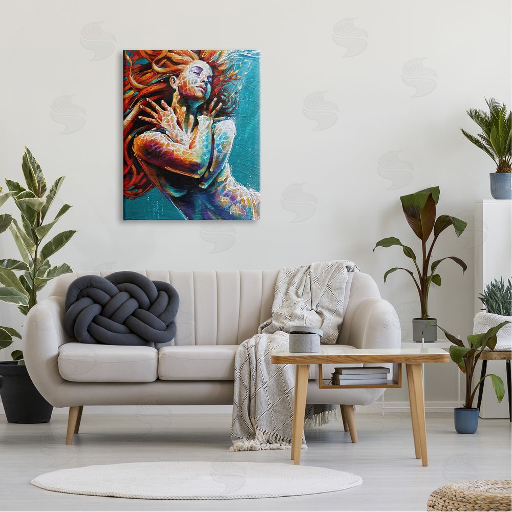 Colin John Staples Beautiful Vivid Woman Underwater Swimming Flowing Hair Canvas Wall Art Print in Room