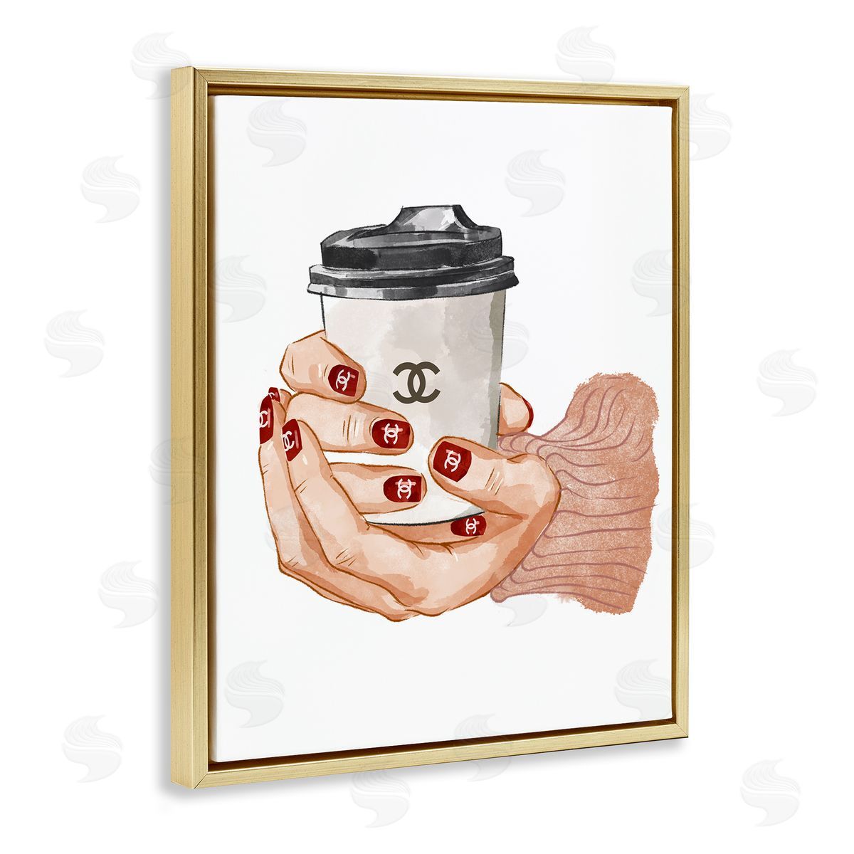 Ziwei Li Hands Holding Coffee Cup Fashion Nail Polish  Gold Floating Frame Canvas Wall Art Print