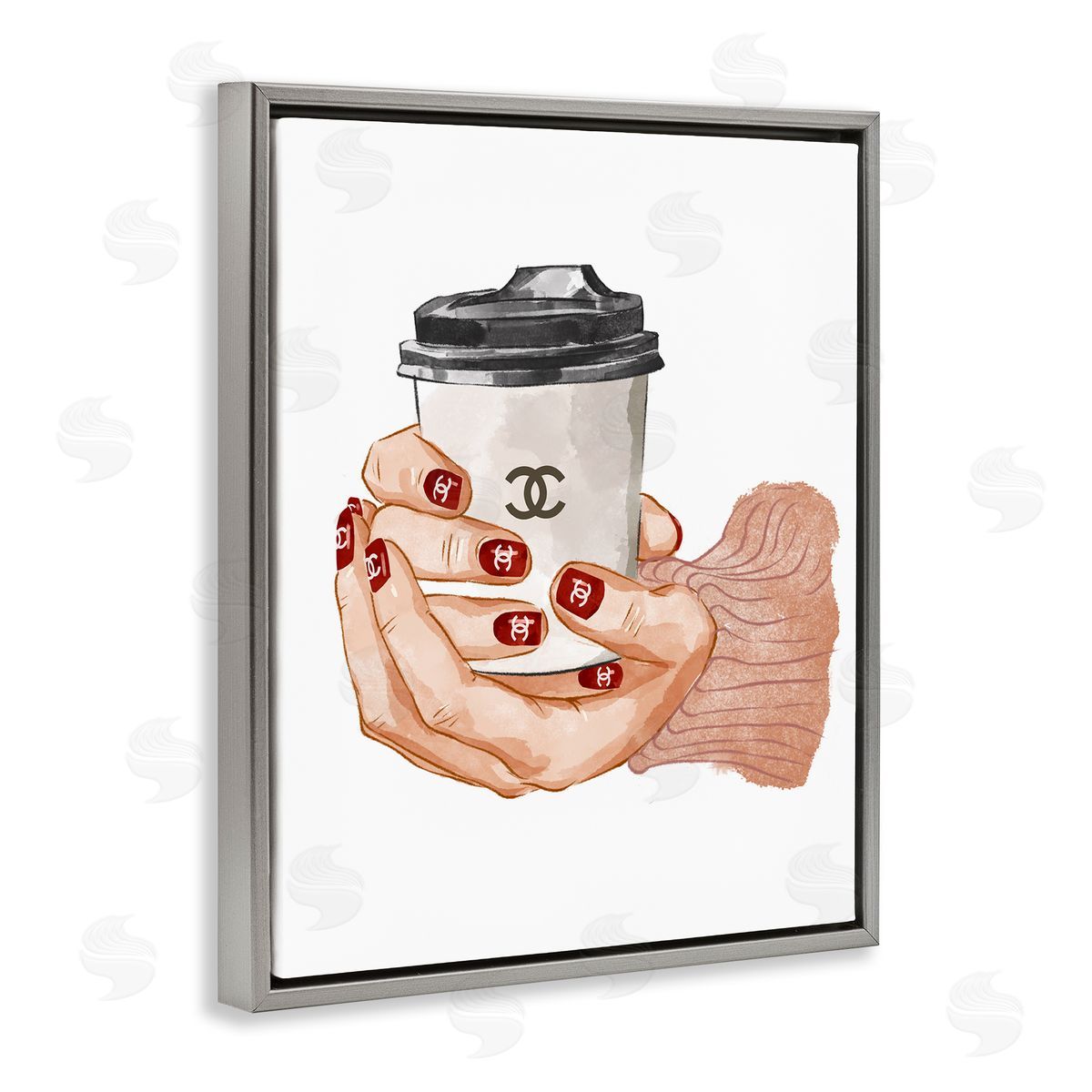 Ziwei Li Hands Holding Coffee Cup Fashion Nail Polish  Gray Floating Frame Canvas Wall Art Print