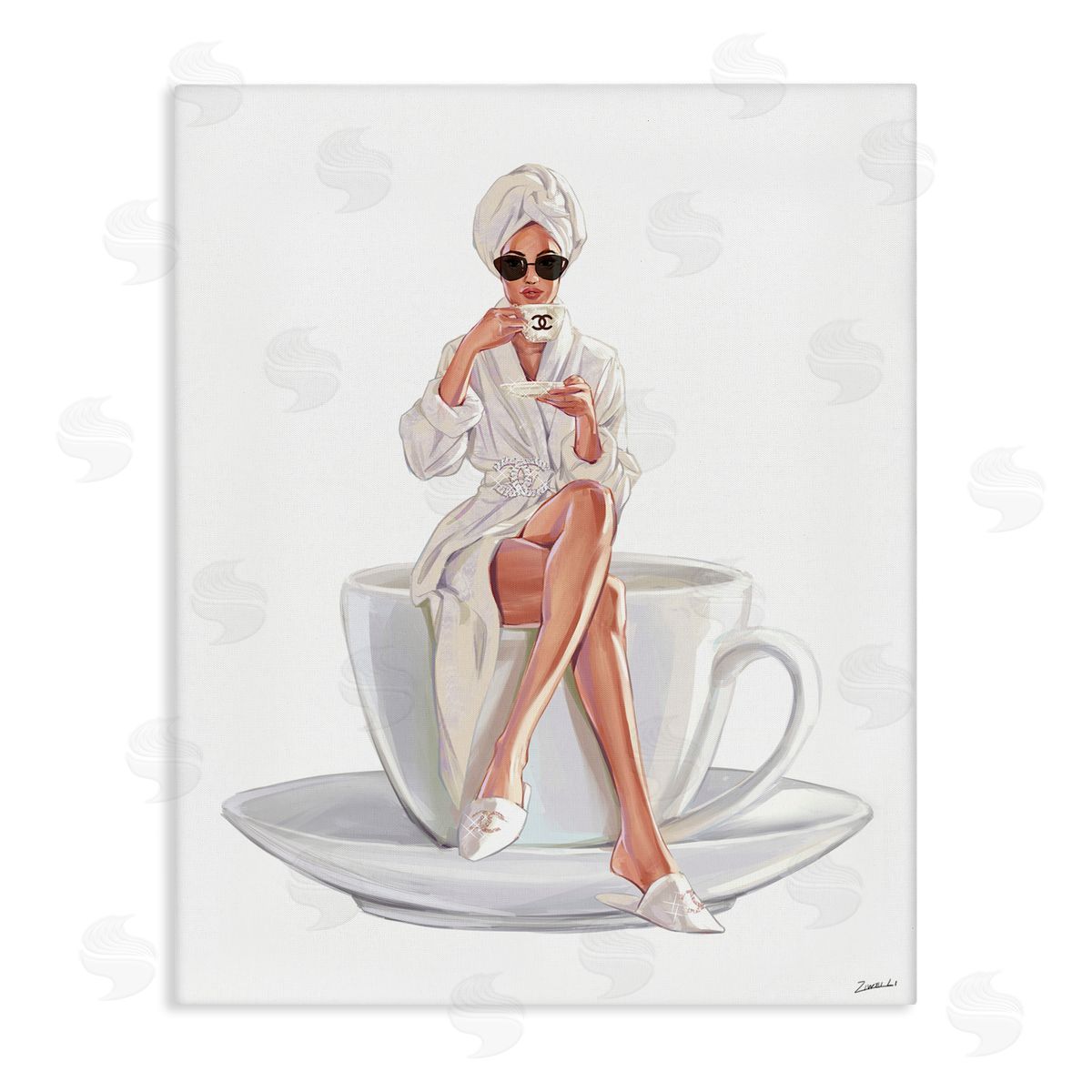 Ziwei Li Chic Woman Robe Coffee Cuper Logo Sunglasses  Stretched Canvas Wall Art Print